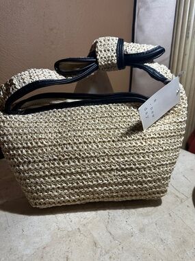 Woven Straw Shoulder Bag with Black Trim